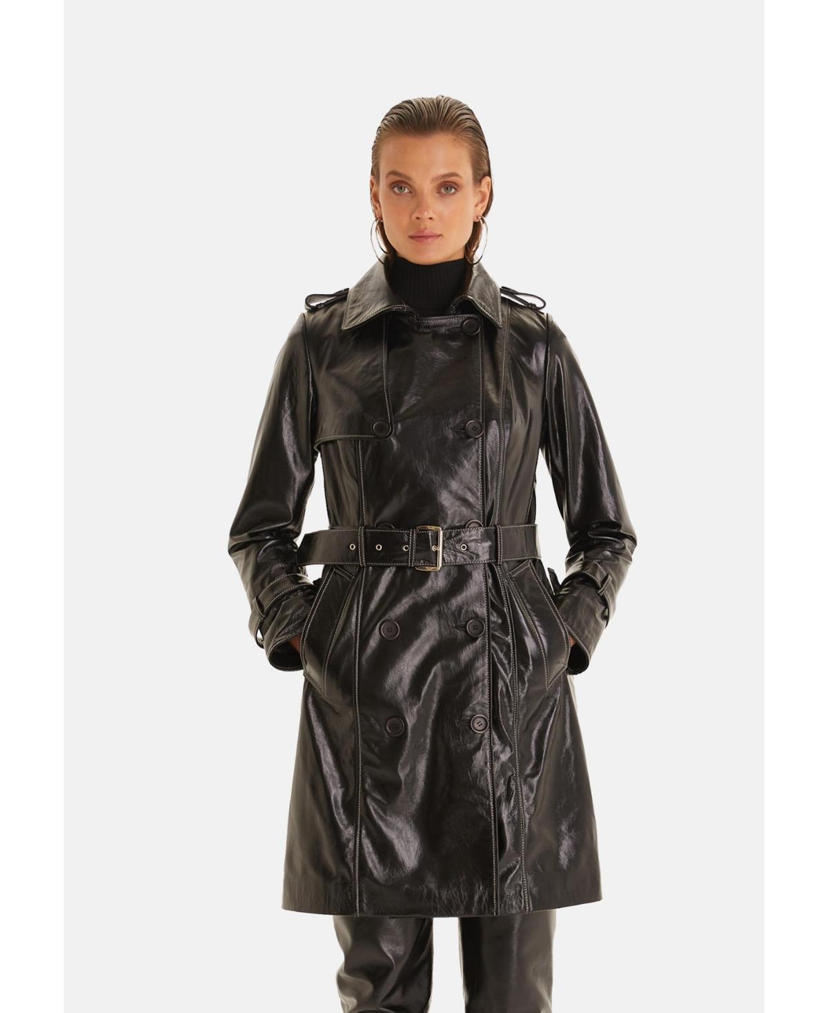 Furniq Uk Womens Genuine Leather Trench Coat Black product image