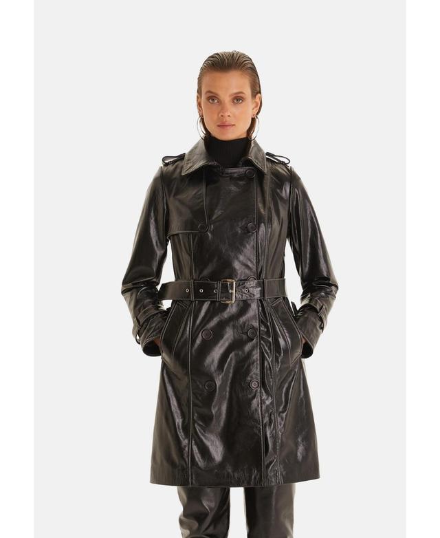 Womens Genuine Leather Trench Coat Black Product Image