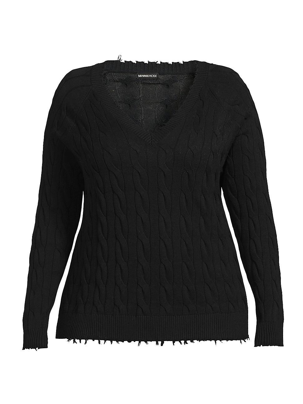 Womens Frayed Cable-Knit V-Neck Sweater Product Image