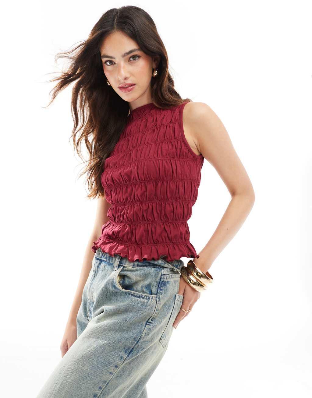 ASOS DESIGN sleeveless shirred tank in wine Product Image