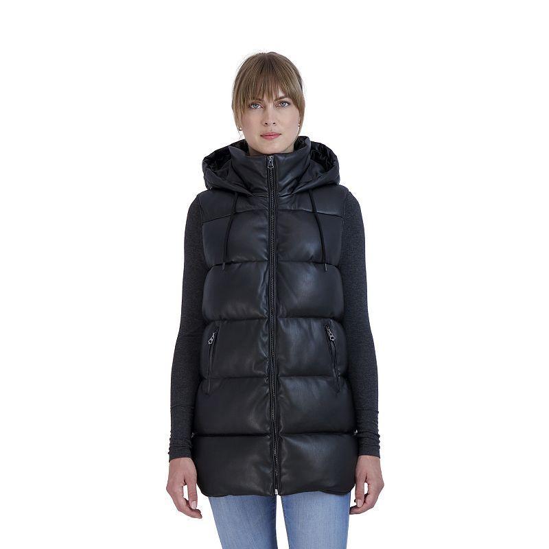 Womens Sebby Collection Faux-Leather Puffer Vest, Size: Small, Black Product Image