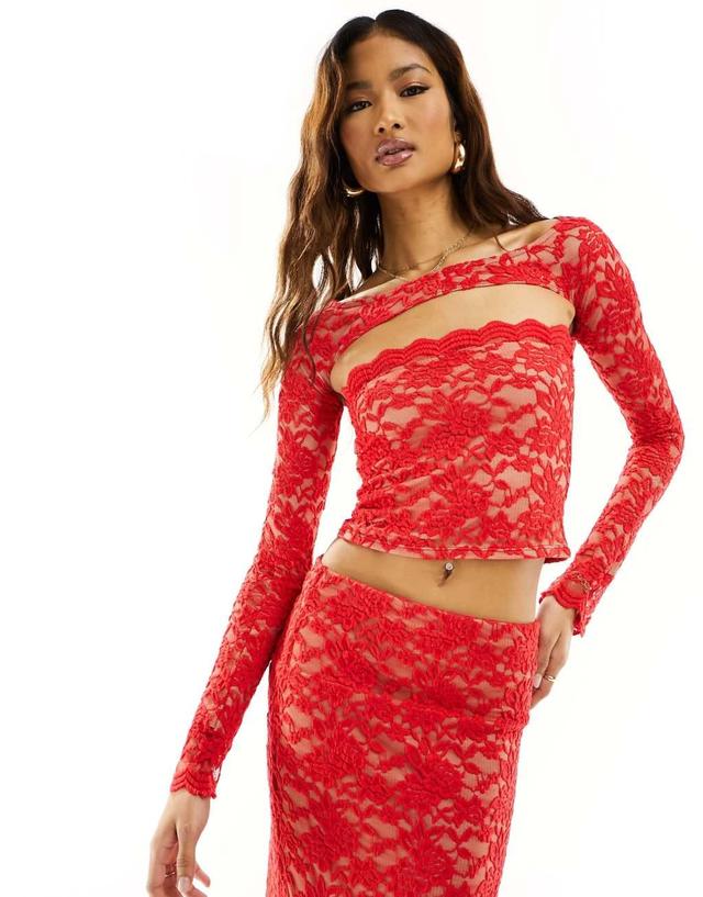 ASOS DESIGN lace bandeau top with shrug in red - part of a set Product Image