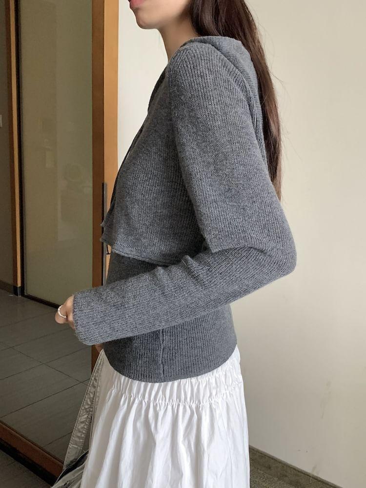 Plain Hooded Ribbed Cropped Sweater / Knit Tank Top / High Waist Maxi A-Line Skirt / Set Product Image