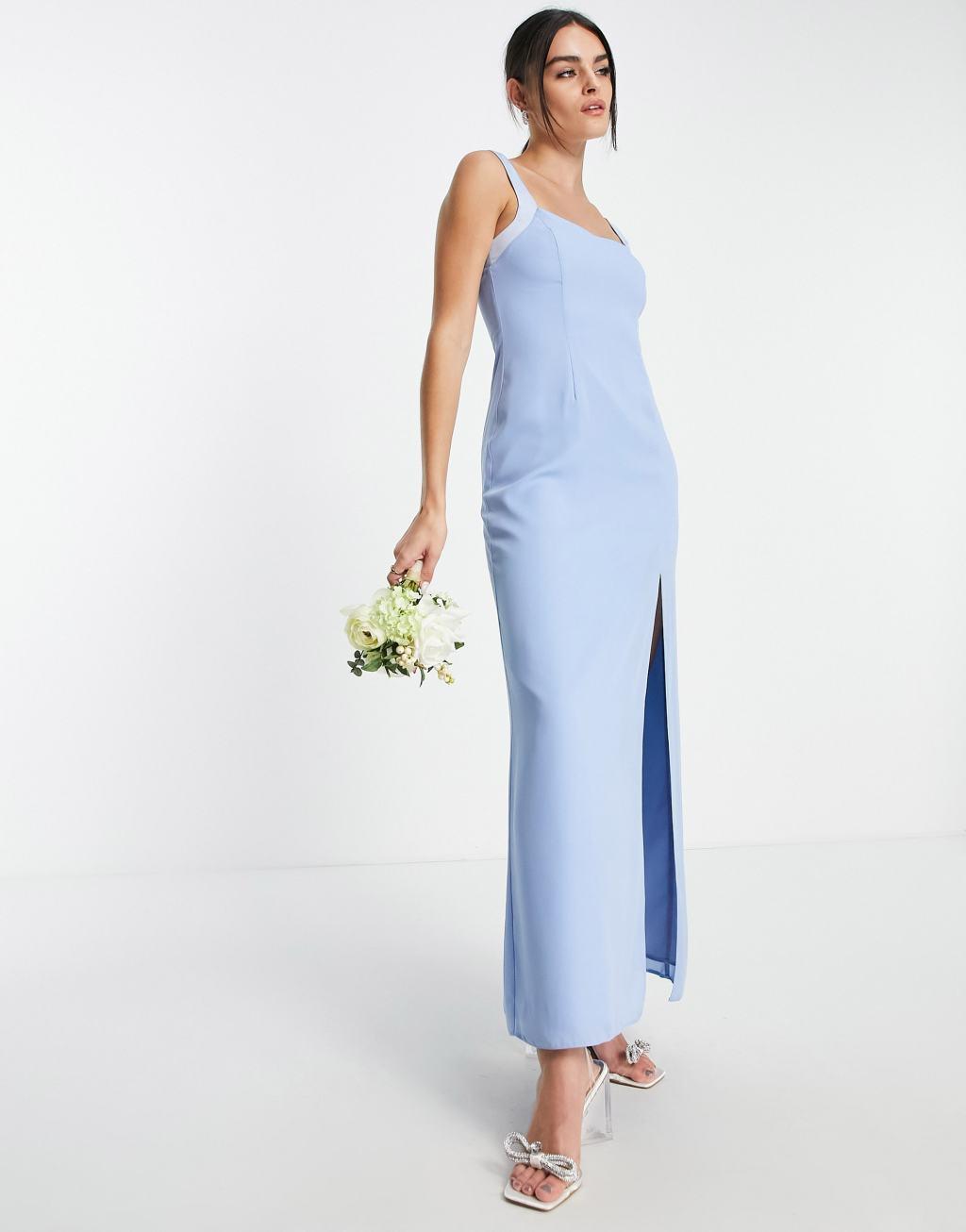 ASOS DESIGN Bridesmaid maxi dress with satin curved neckline and split detail in powder blue Product Image