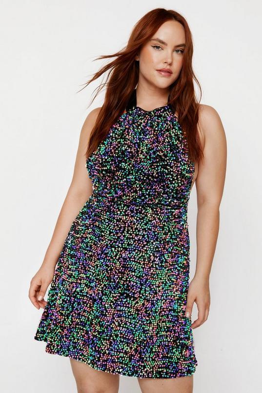 Plus Size Neon Sequin Velvet Halter Neck Dress Product Image