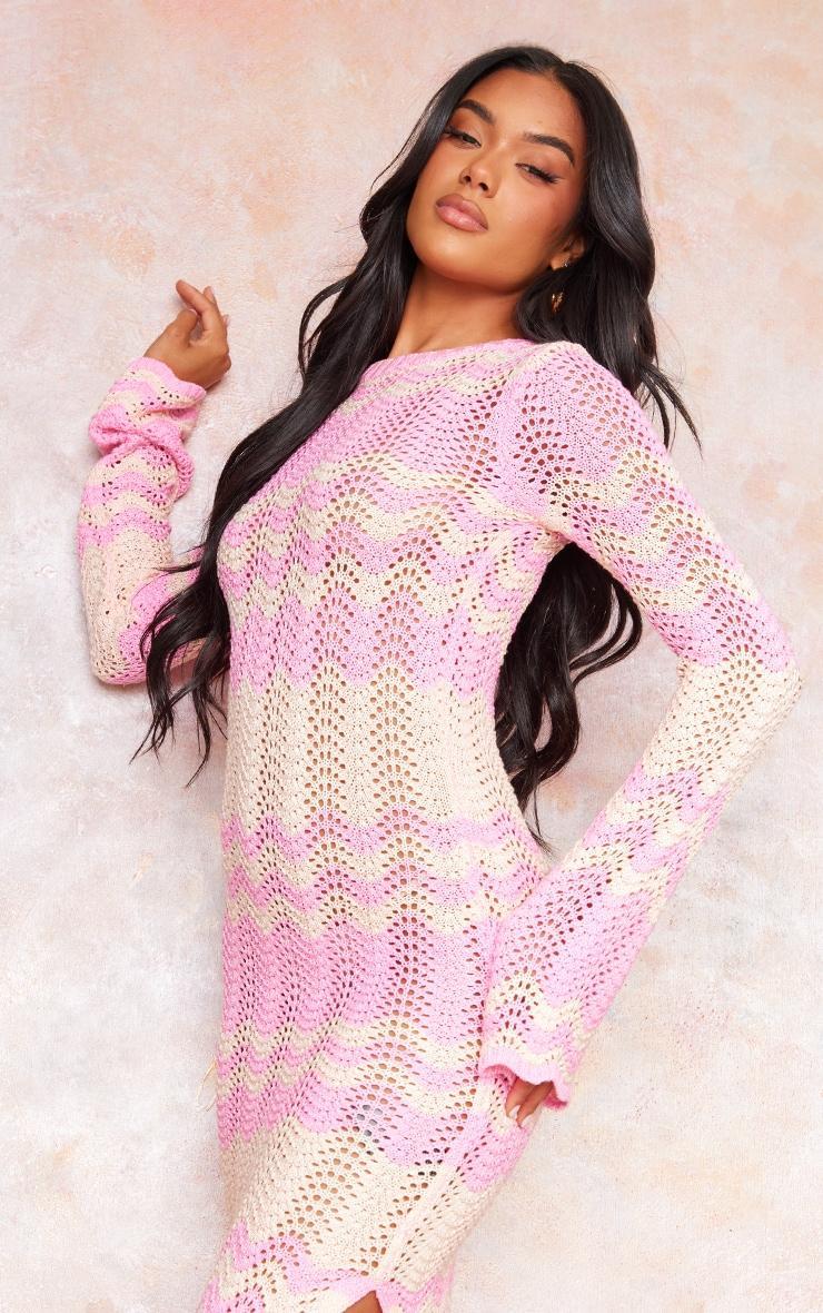 Pink Wave Knit Textured Long Sleeve Maxi Dress Product Image