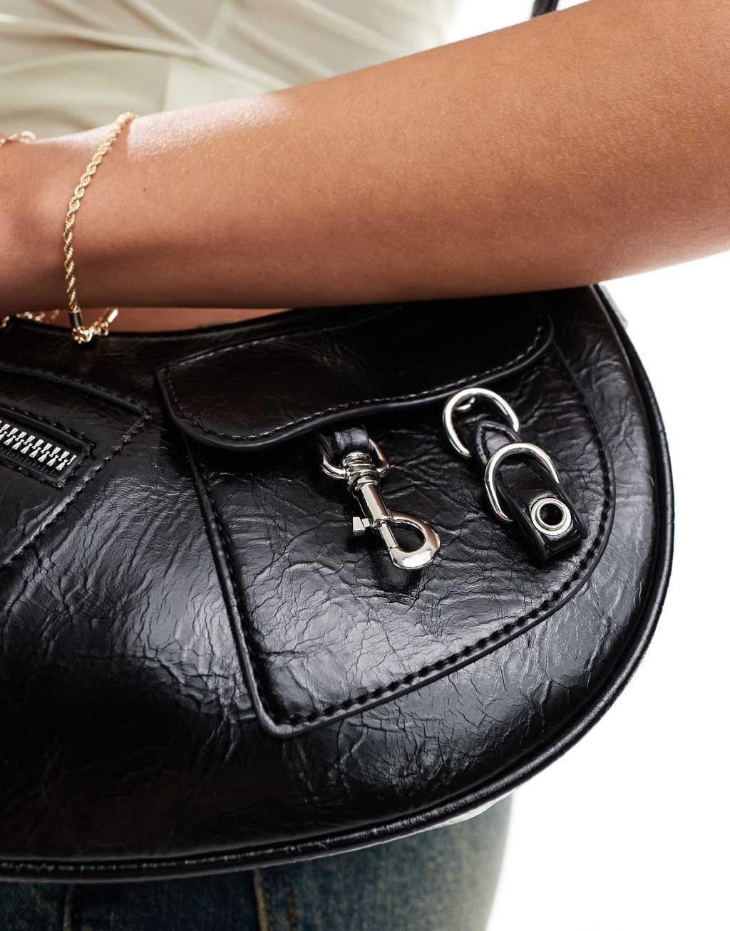 Glamorous crescent shoulder bag with hardware detail in black Product Image