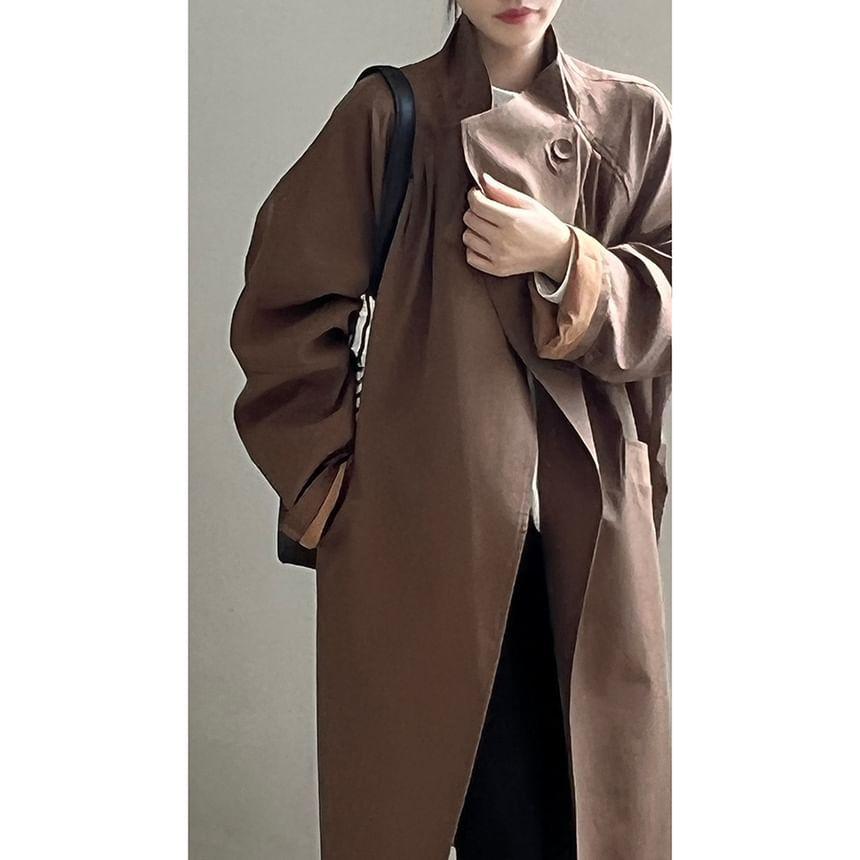 Stand Collar Plain Midi Single-Button Trench Coat Product Image