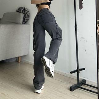 Plain High Waist Loose Fit Cargo Pants Product Image