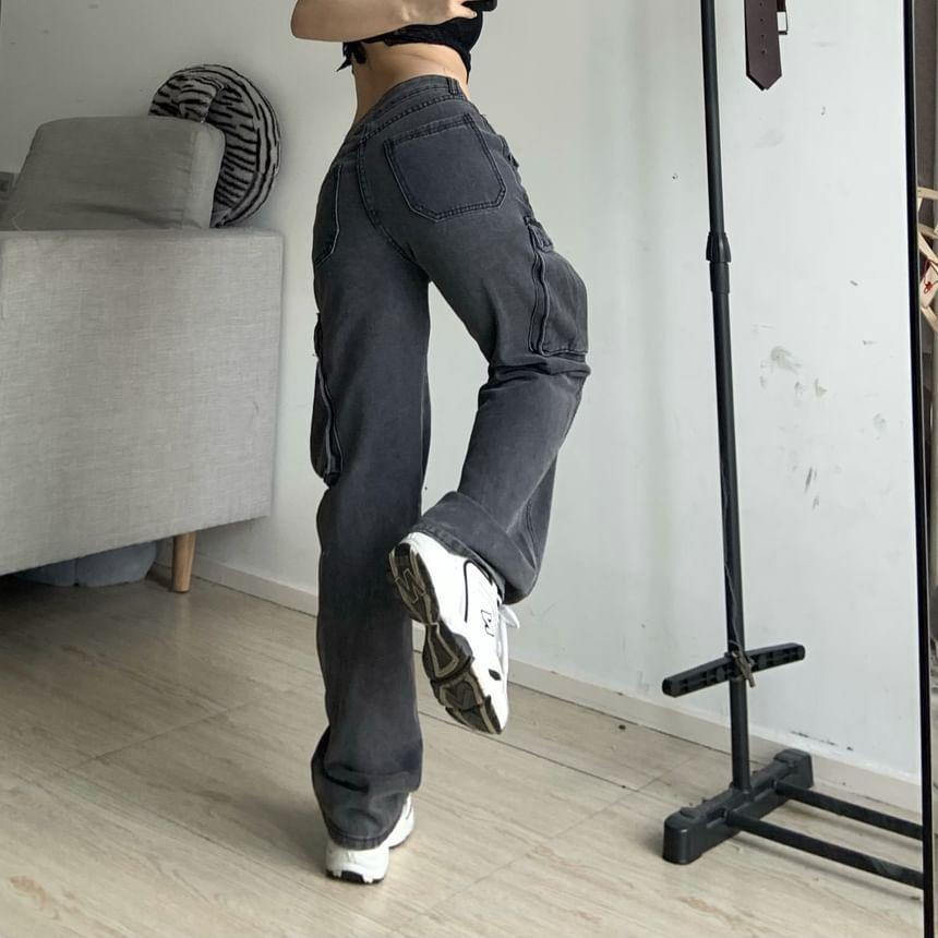 Plain High Waist Loose Fit Cargo Pants Product Image