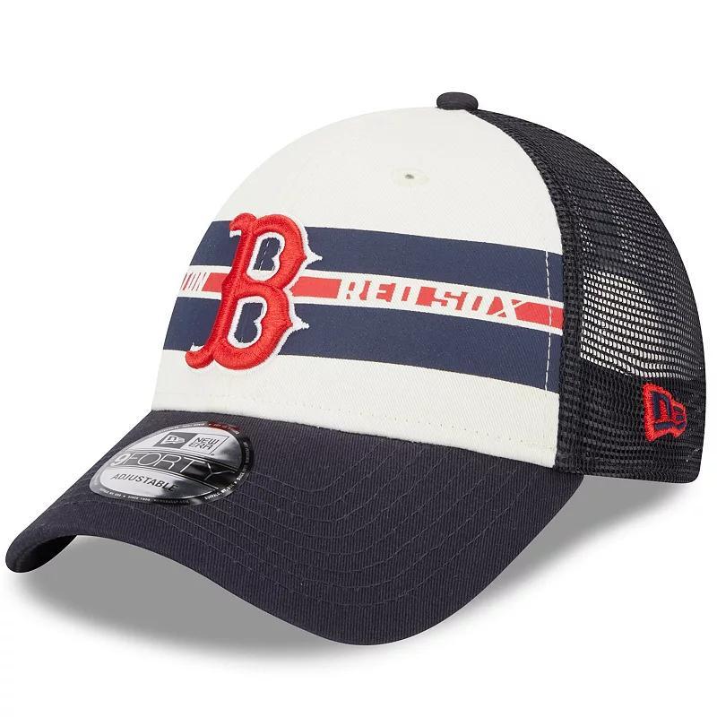 Mens New Era /Navy Boston Red Sox Team Stripe Trucker 9FORTY Snapback Hat Product Image