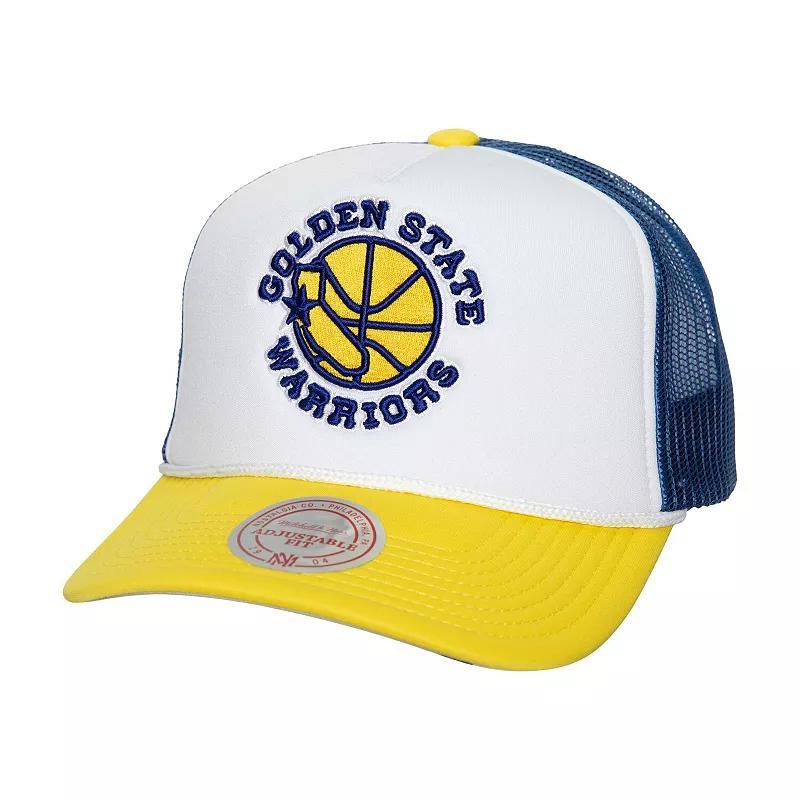 Mens Mitchell & Ness White Golden State Warriors Hardwood Classics Blocker Foam Front Trucker Snapback Hat Product Image