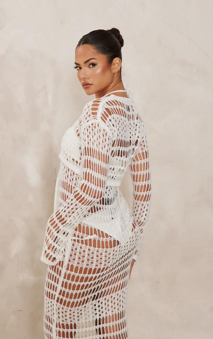 White Crochet Knit Front Tie Long Sleeve Cardi Product Image