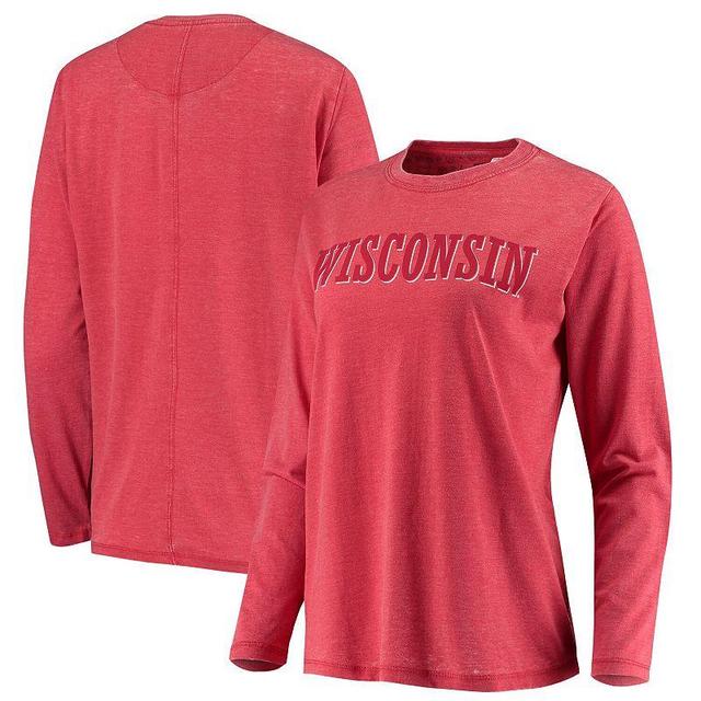 Womens Pressbox Wisconsin Badgers Tonal Block Vintage Wash Long Sleeve T-Shirt Product Image