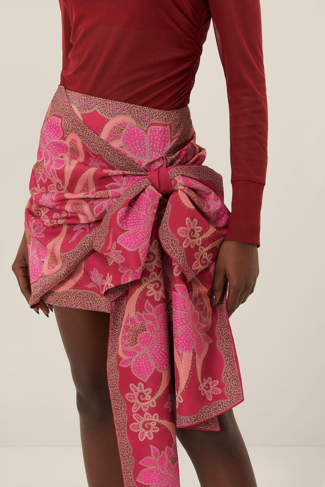 Red Floral Glam Scarf Tie Gathering Mini Skirt, FLORAL GLAM SCARF RED / XXS Product Image