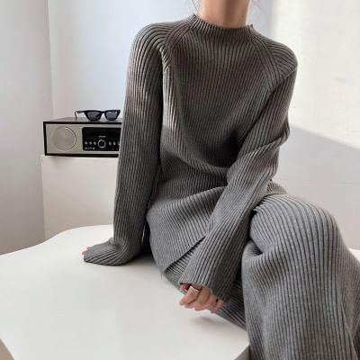 Set: Raglan-Sleeve Round Neck Slit Ribbed Sweater + Wide Leg Knit Pants Product Image