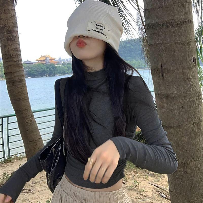 Long-Sleeve High Neck Plain Crop Top Product Image