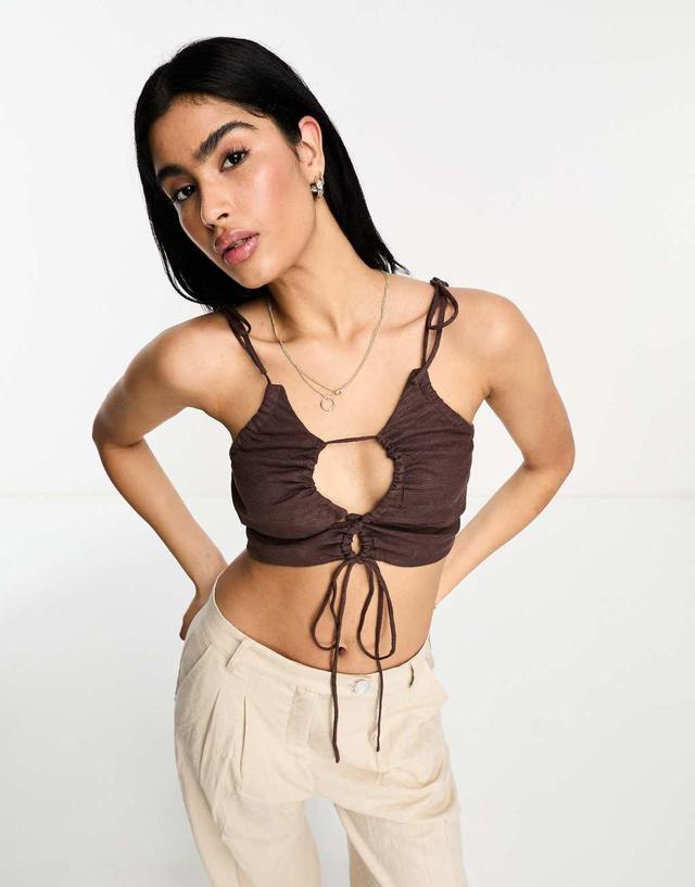 ASOS DESIGN ruched keyhole strappy crop top with tie shoulder detail in chocolate Product Image