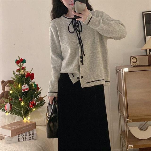 Round Neck Bow Striped Cardigan Product Image