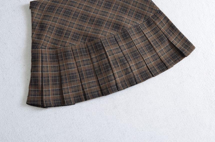 High Waist Plaid Mini Pleated A-Line Skirt Product Image