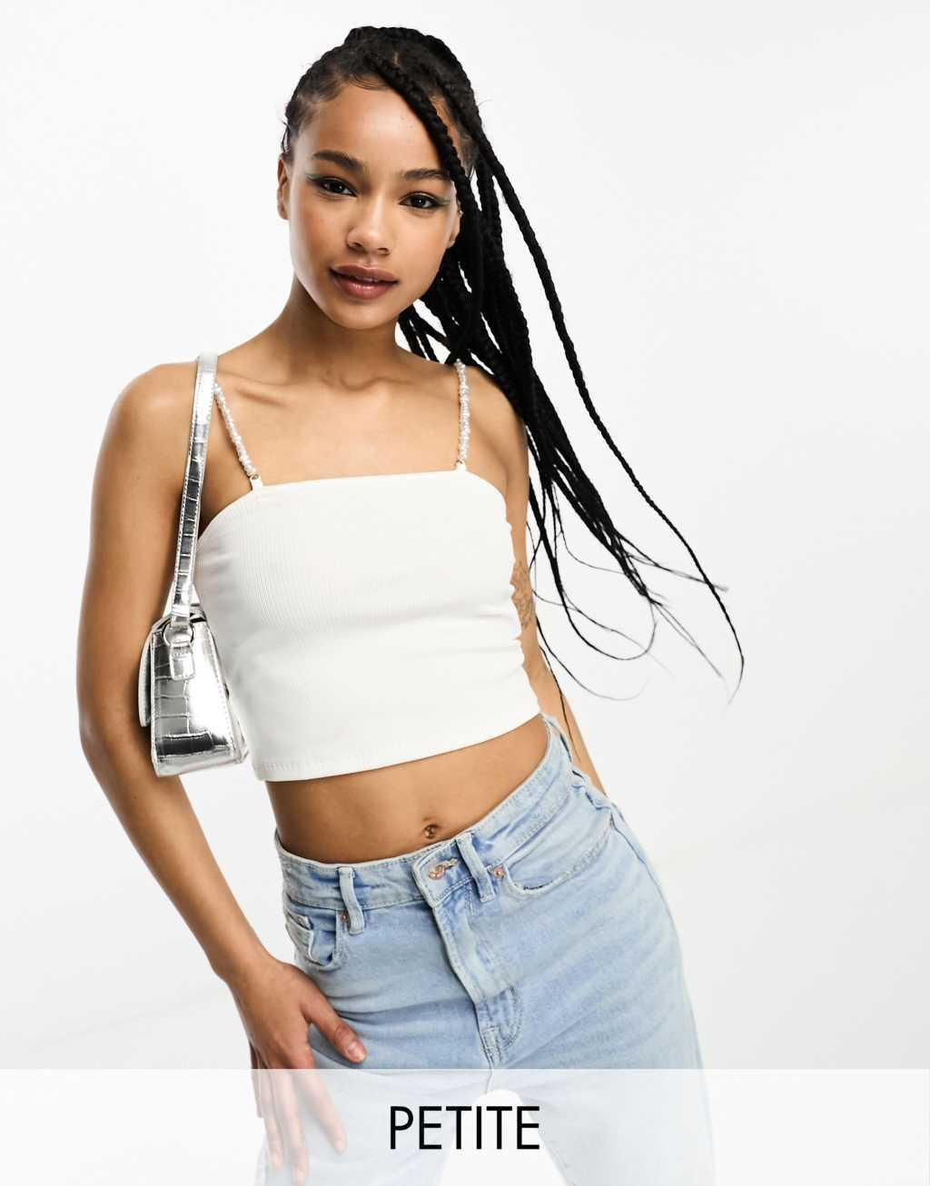 Only Petite crop top with pearl straps in white Product Image