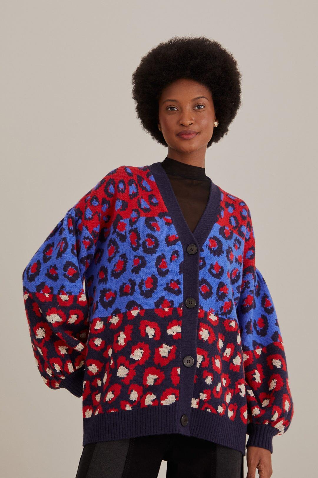 Mixed Leopards Knit Cardigan, MIXED LEOPARDS NAVY MULTI / XS Product Image