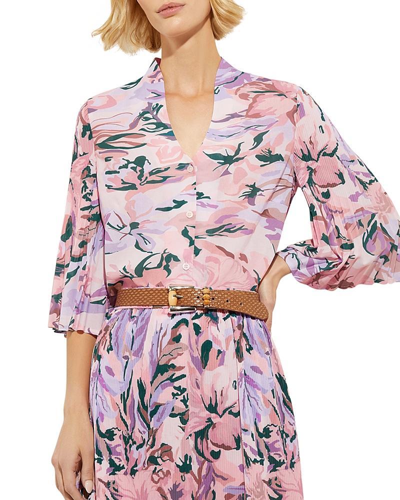 Crepe De Chine Floral-Print Blouse with Pleated Bell Sleeves Product Image