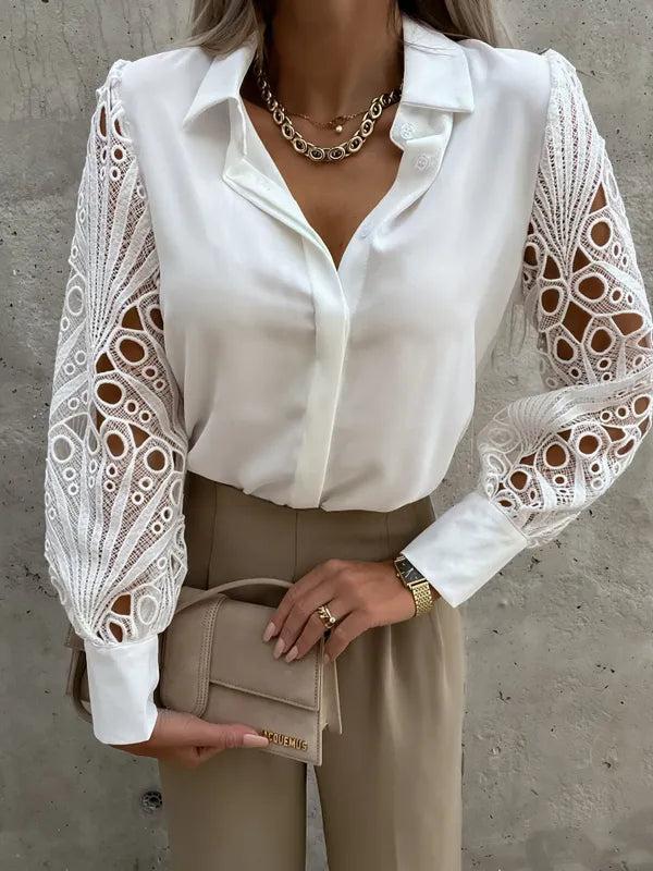 Lace Sleeve Button Up Blouse (White) Product Image