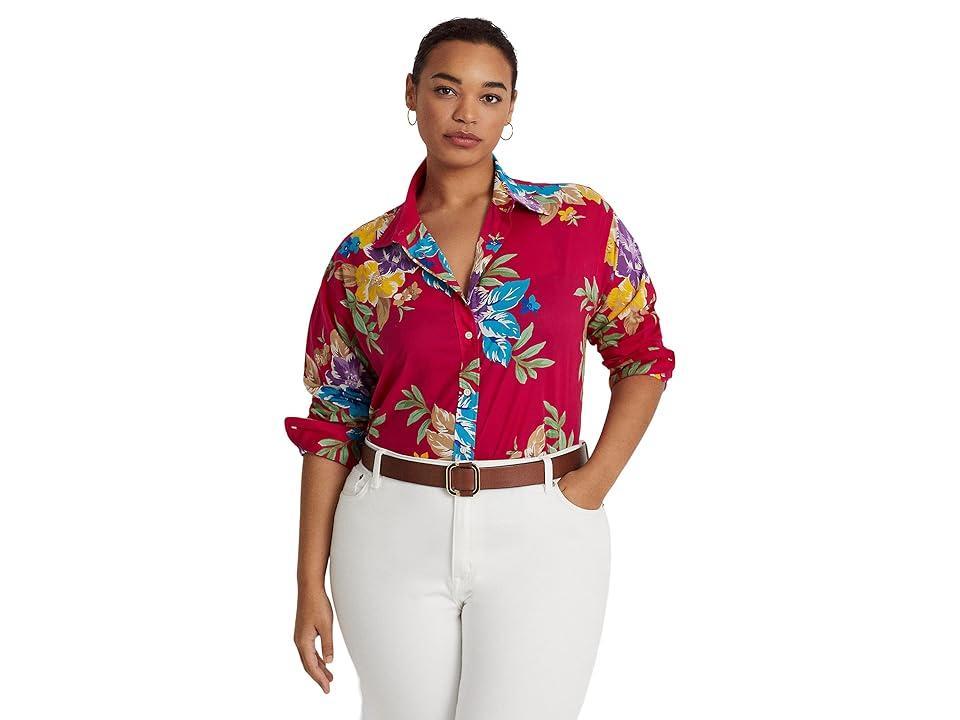 LAUREN Ralph Lauren Plus Size Floral Cotton Voile Shirt (Pink Multi) Women's Clothing Product Image