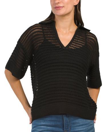 Collared Open Knit Sweater for Women | Cotton/Acrylic/Tencel Product Image