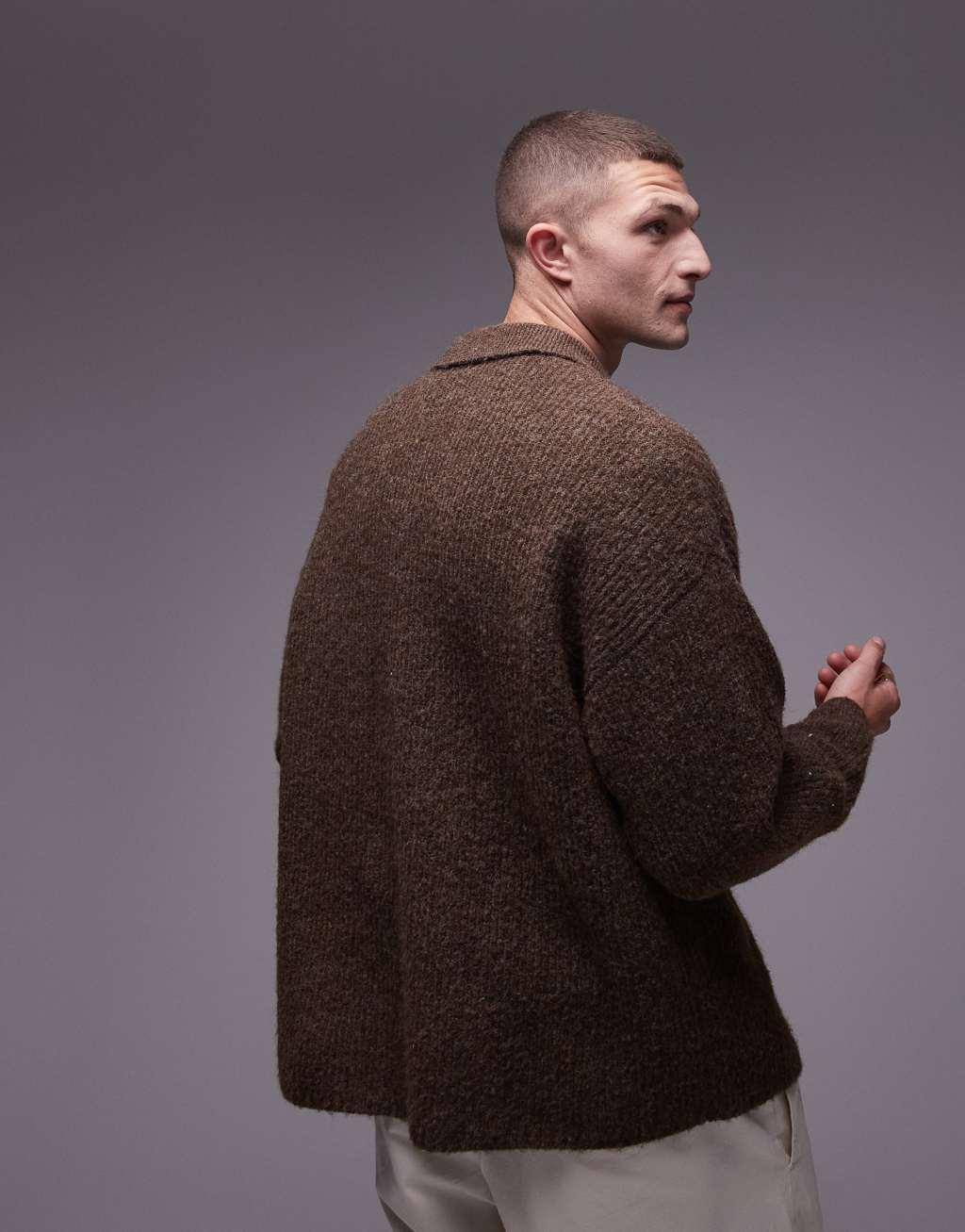 Topman relaxed fit brushed collared cardigan in brown heather Product Image