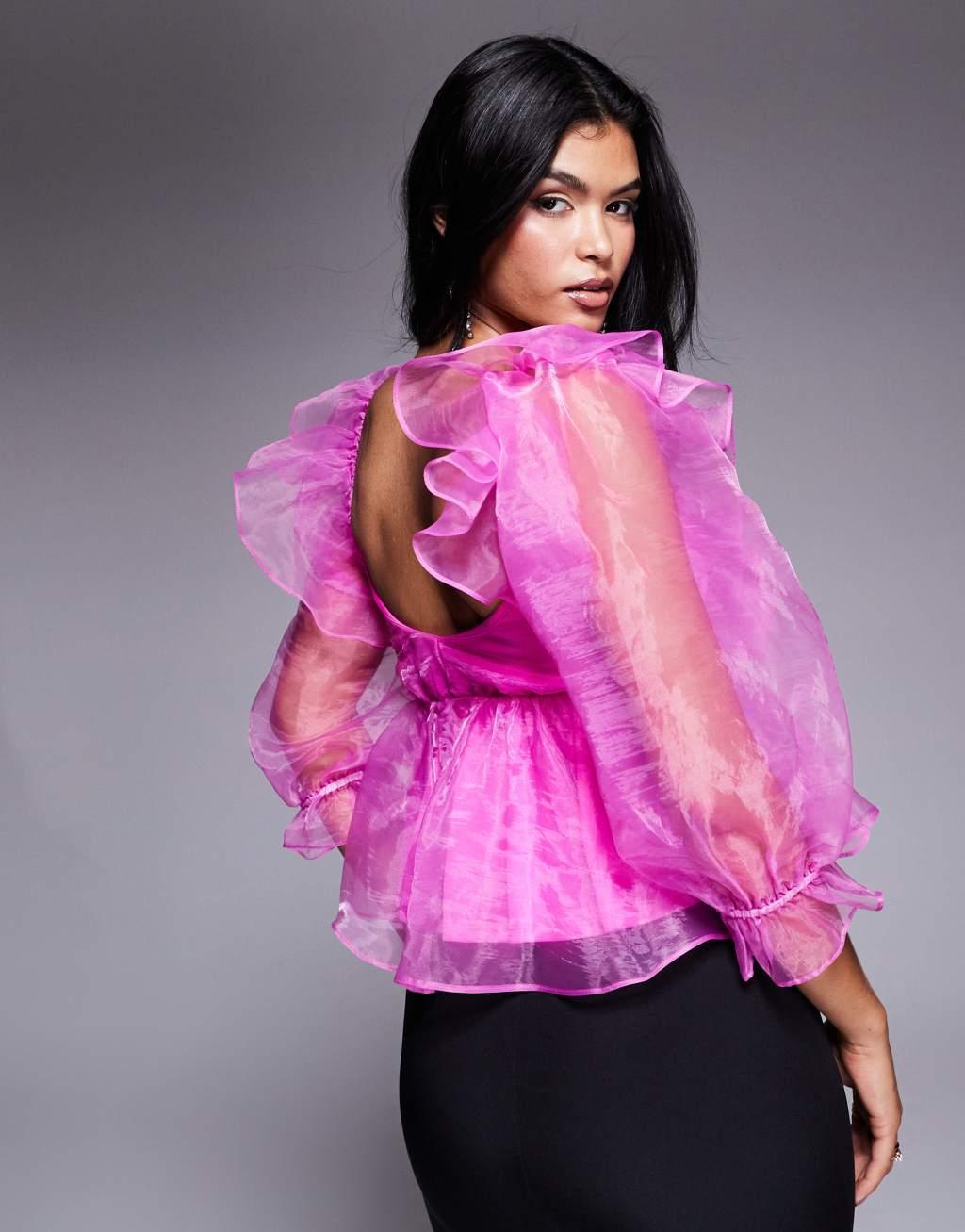 ASOS LUXE organza babydoll top with bow details in hot pink Product Image