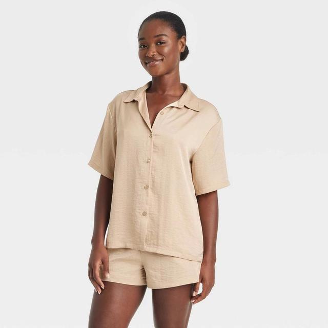 Womens Satin Short Sleeve Notch Collar Top and Shorts Pajama Set - Auden Taupe XS Product Image