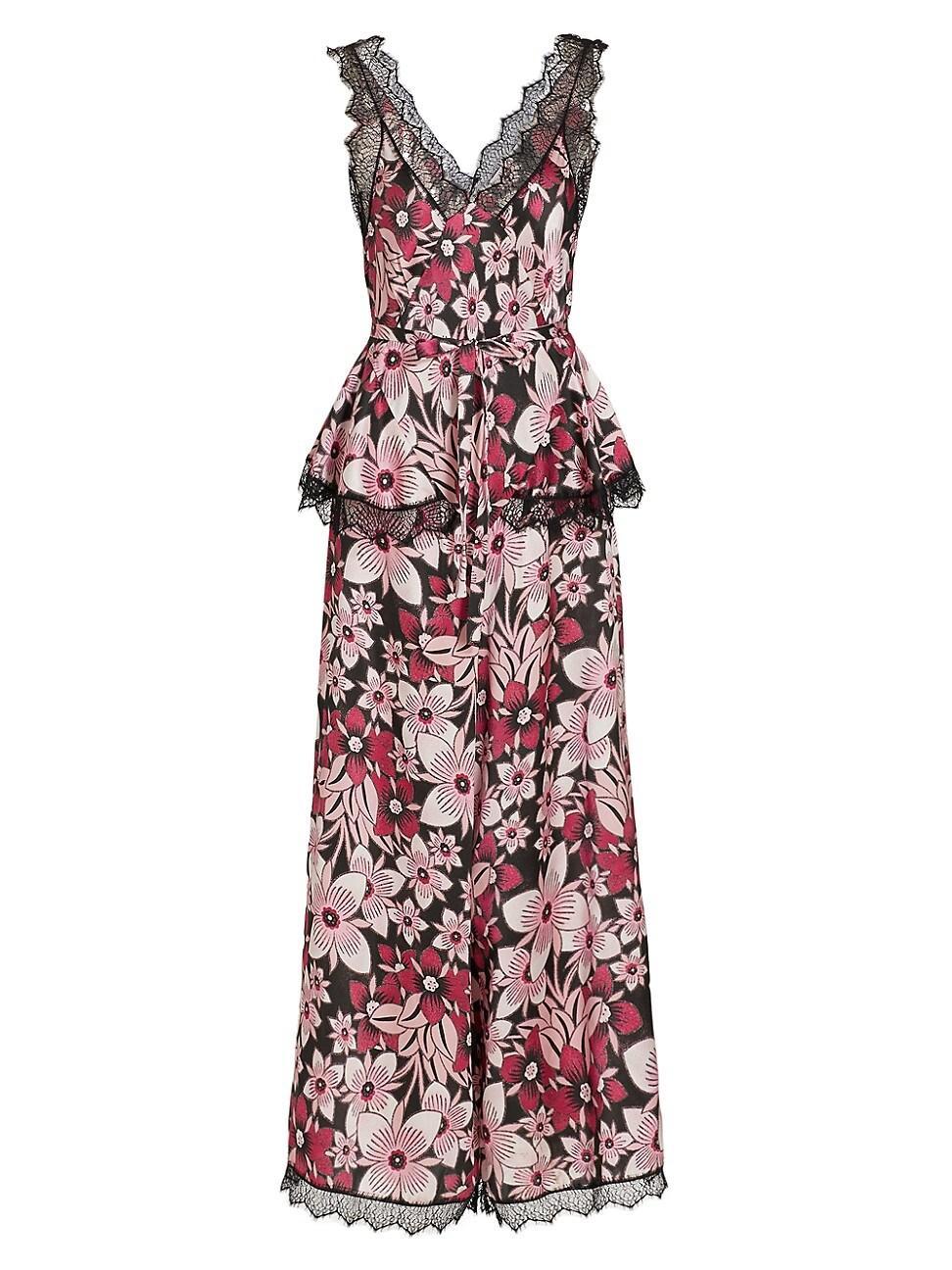 Womens Floral Silk Satin & Chiffon WIde-Leg Jumpsuit Product Image