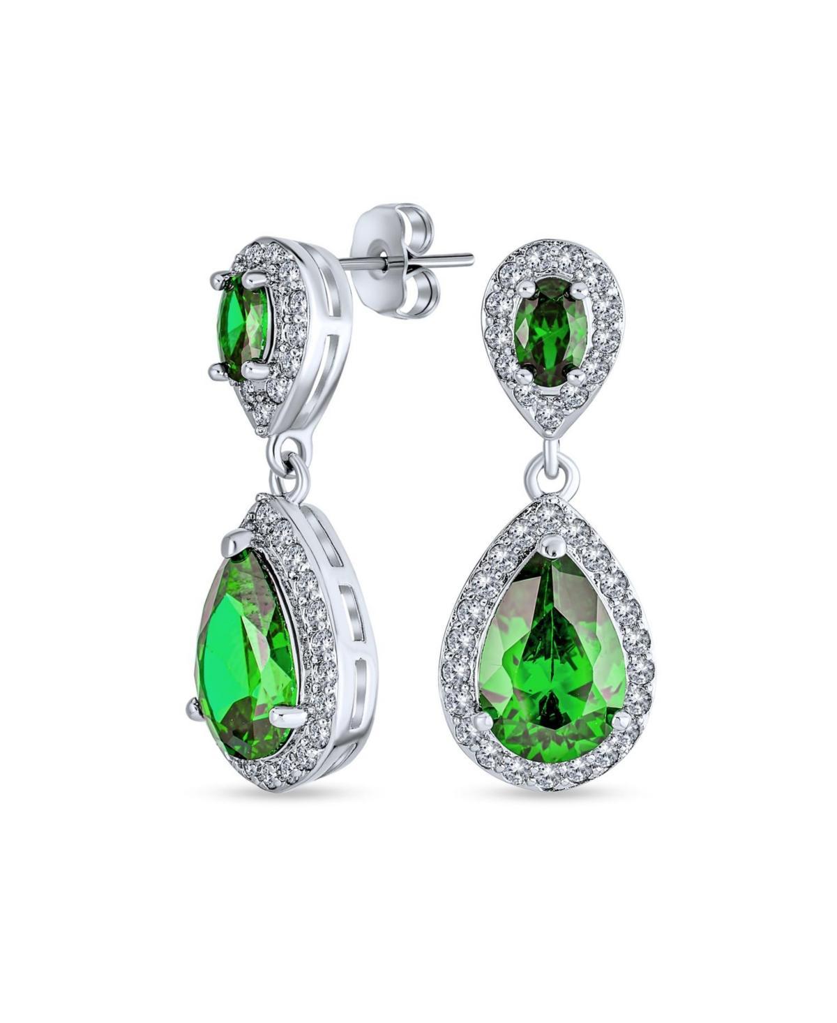 Green Simulated Emerald Pave Cz Halo Teardrop Pear Shape Dangle Drop Statement Earrings For Women Prom Rhodium Plated Brass Product Image