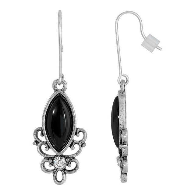 1928 Silver Tone Stone Filigree Drop Earrings, Womens, Black Product Image