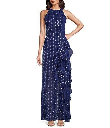 Betsy & Adam Metallic Clip Dot Ruffle Halter Neck Chiffon Gown Product Image