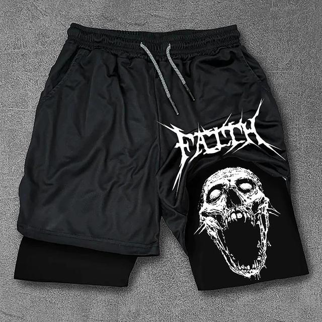 Street Faith Horror Skull Print Double Layer Drawstring Gym Shorts Product Image