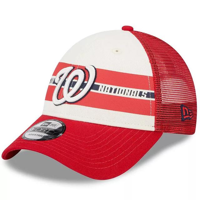 Mens New Era /Red Washington Nationals Team Stripe Trucker 9FORTY Snapback Hat Product Image