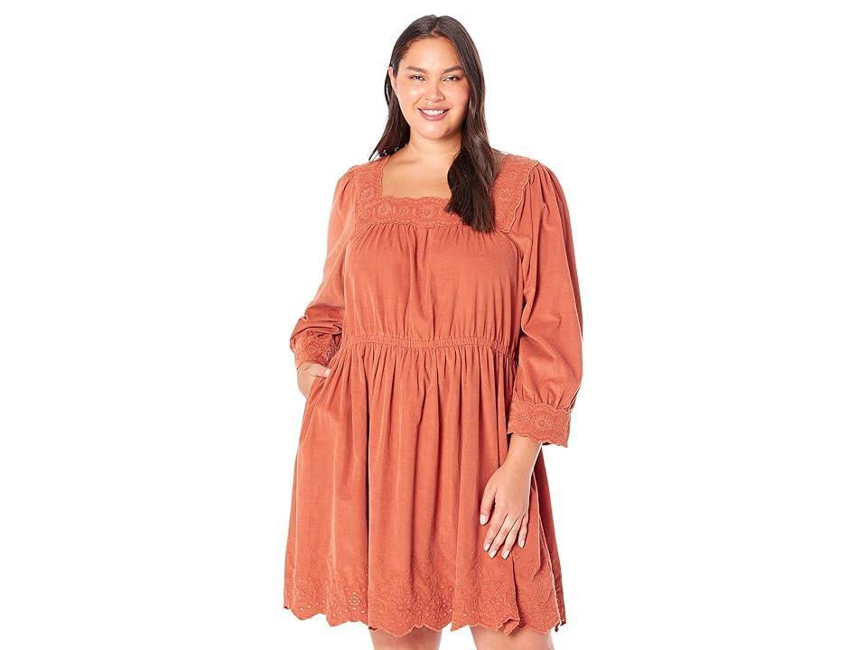 Madewell Plus Embroidered Corduroy Square-Neck Mini Dress (Warm Umber) Women's Dress product image