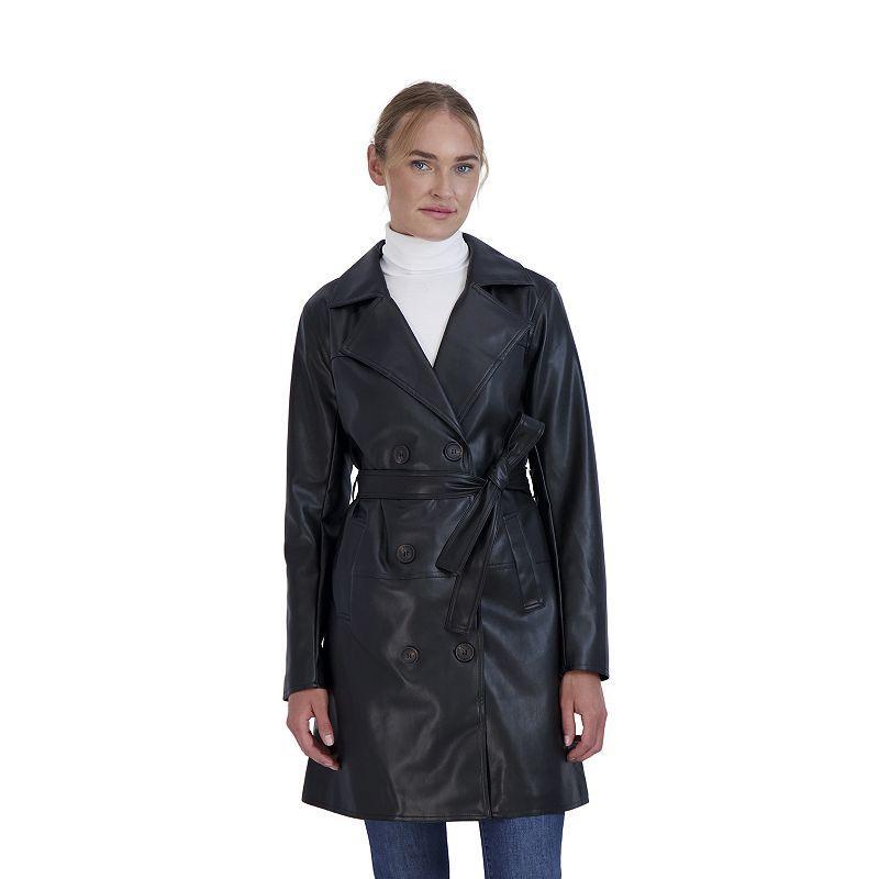 Womens Sebby Collection Faux-Leather Trench Coat Black Product Image