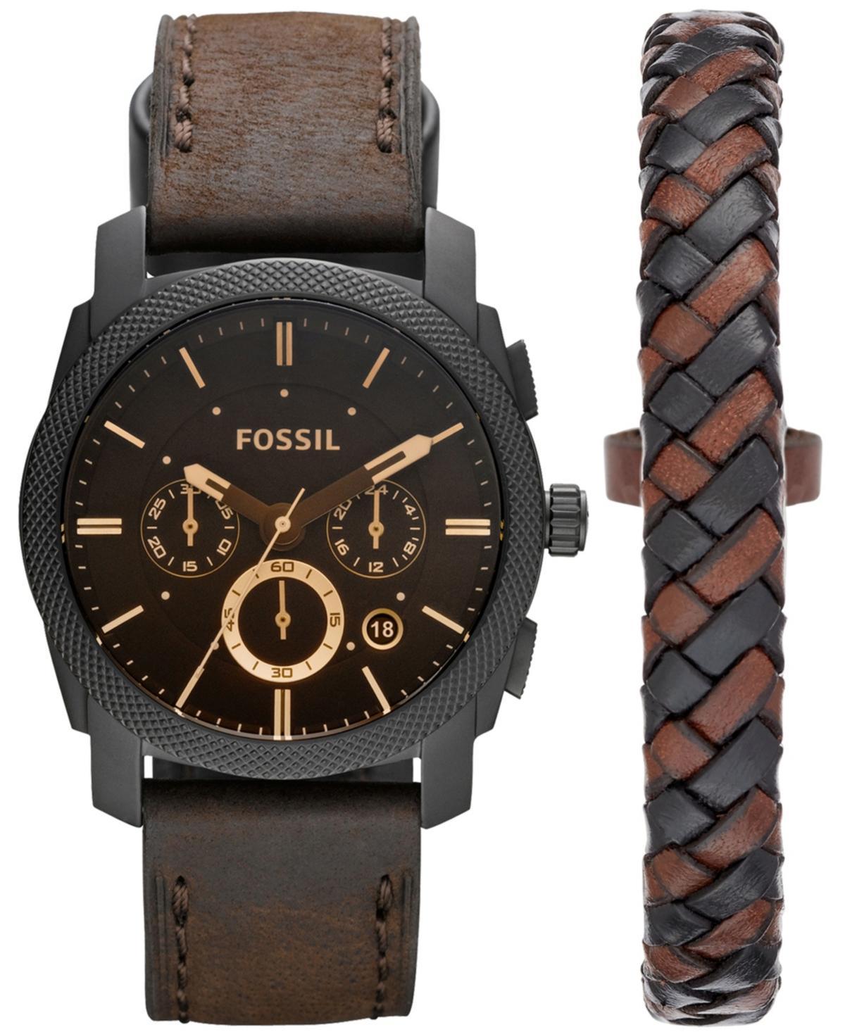 Fossil Machine Chronograph Dark Brown Leather Watch and Bracelet Box Set 42mm Product Image