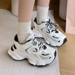 Platform Mesh Panel Lace-Up Faux Leather Sneakers Product Image