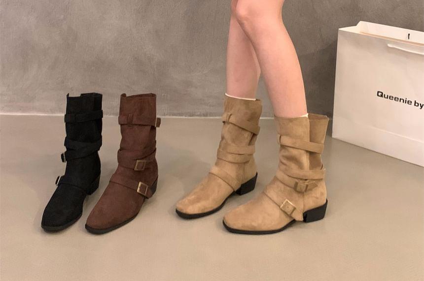 Chunky Heel Plain Buckled Mid-Calf Boots Product Image