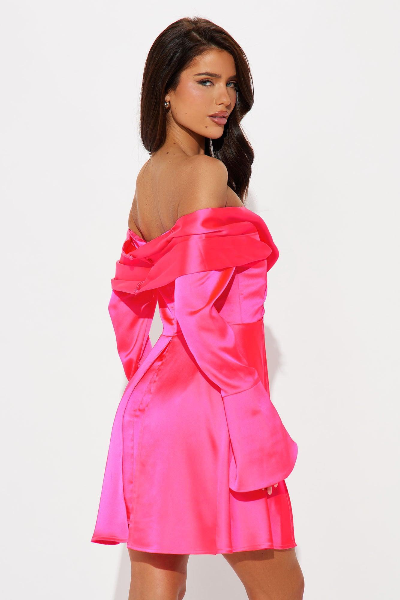 Kalena Off Shoulder Satin Mini Dress - Hot Pink Product Image