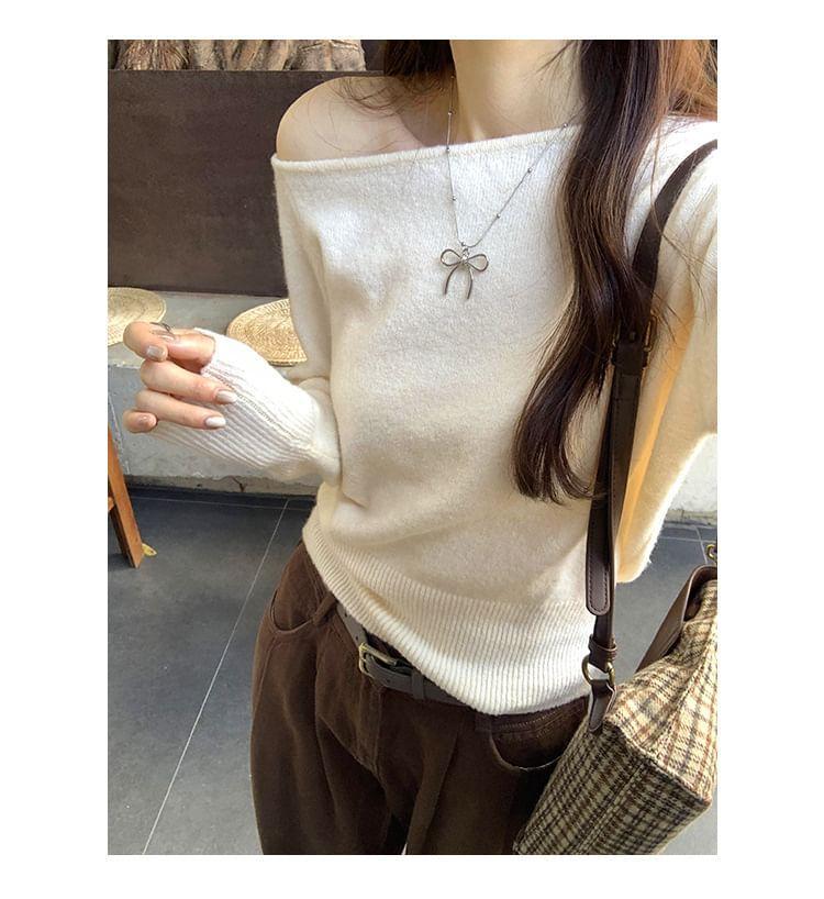 Long-Sleeve Off Shoulder Plain Knit Top product image