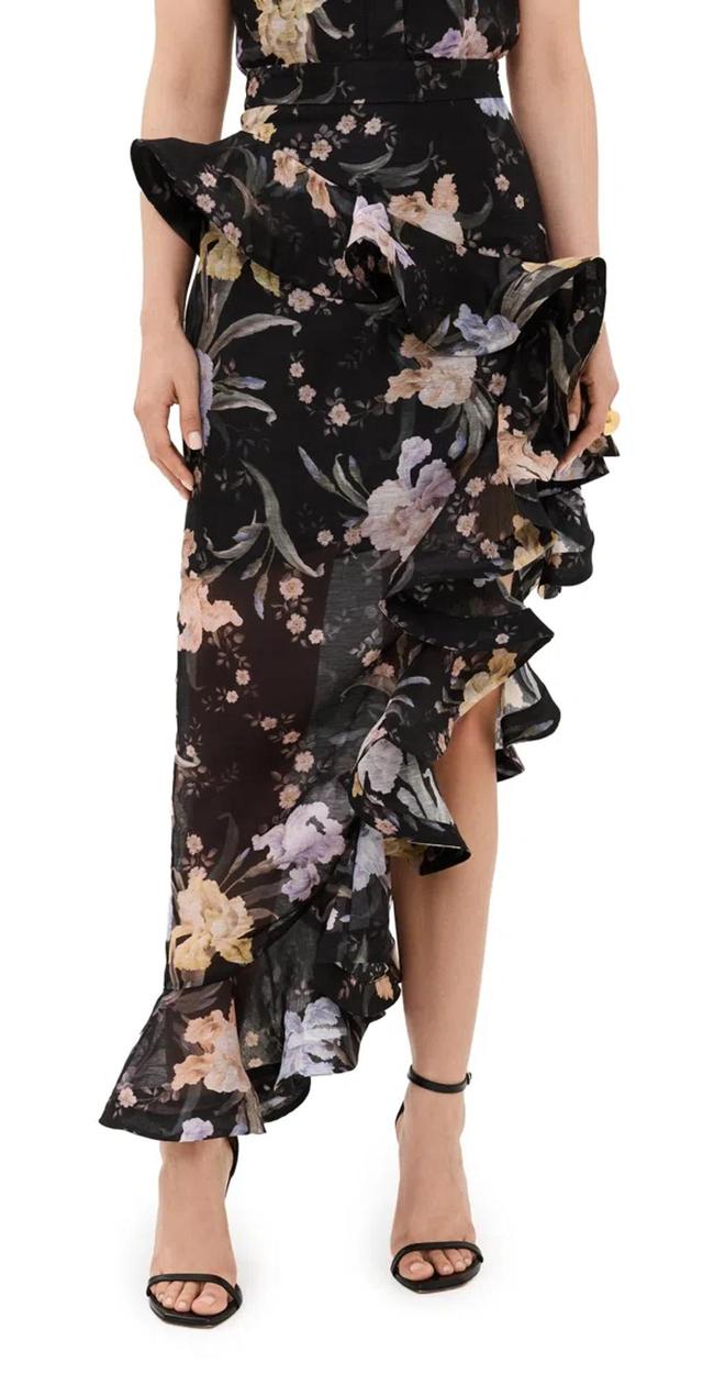 ZIMMERMANN Eden Waterfall Asymmetric Ruffled Floral-print Linen And Silk-blend Midi Skirt In Multi Product Image