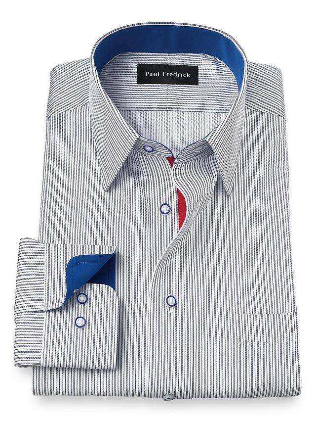 Non-Iron Cotton Stripe Dress Shirt With Contrast Trim - Cobalt Product Image