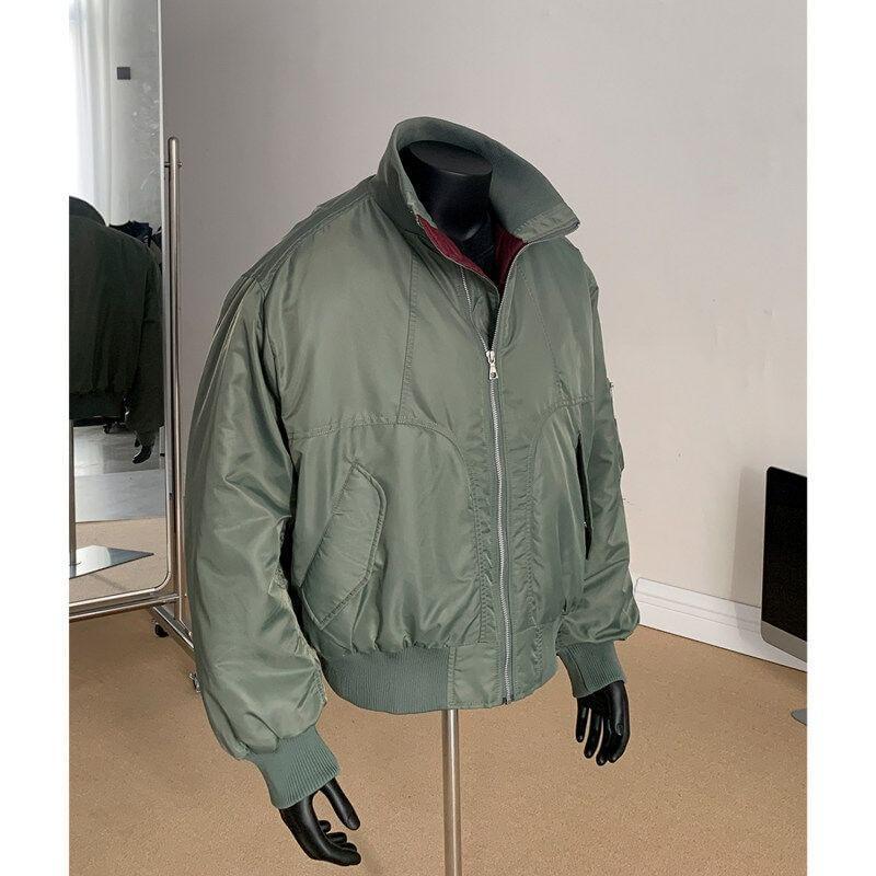 Stand Collar Plain Zip-Up Bomber Jacket Product Image