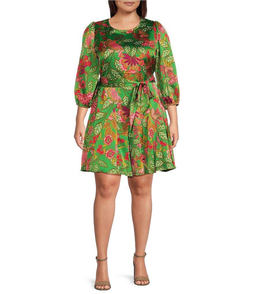 Sugarlips Plus Size Matte Satin Tropical Print Balloon Sleeve Tie Waist Mini Derby Dress Product Image